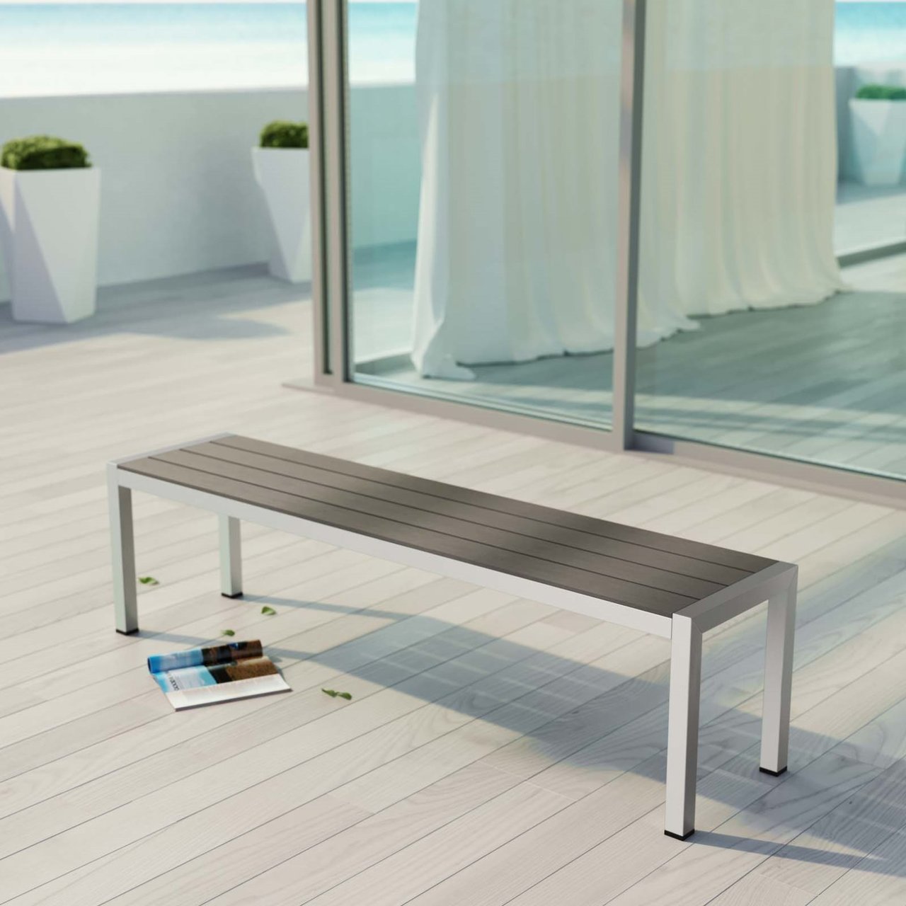 Shore Outdoor Patio Aluminum Bench, Grey, Metal 10841