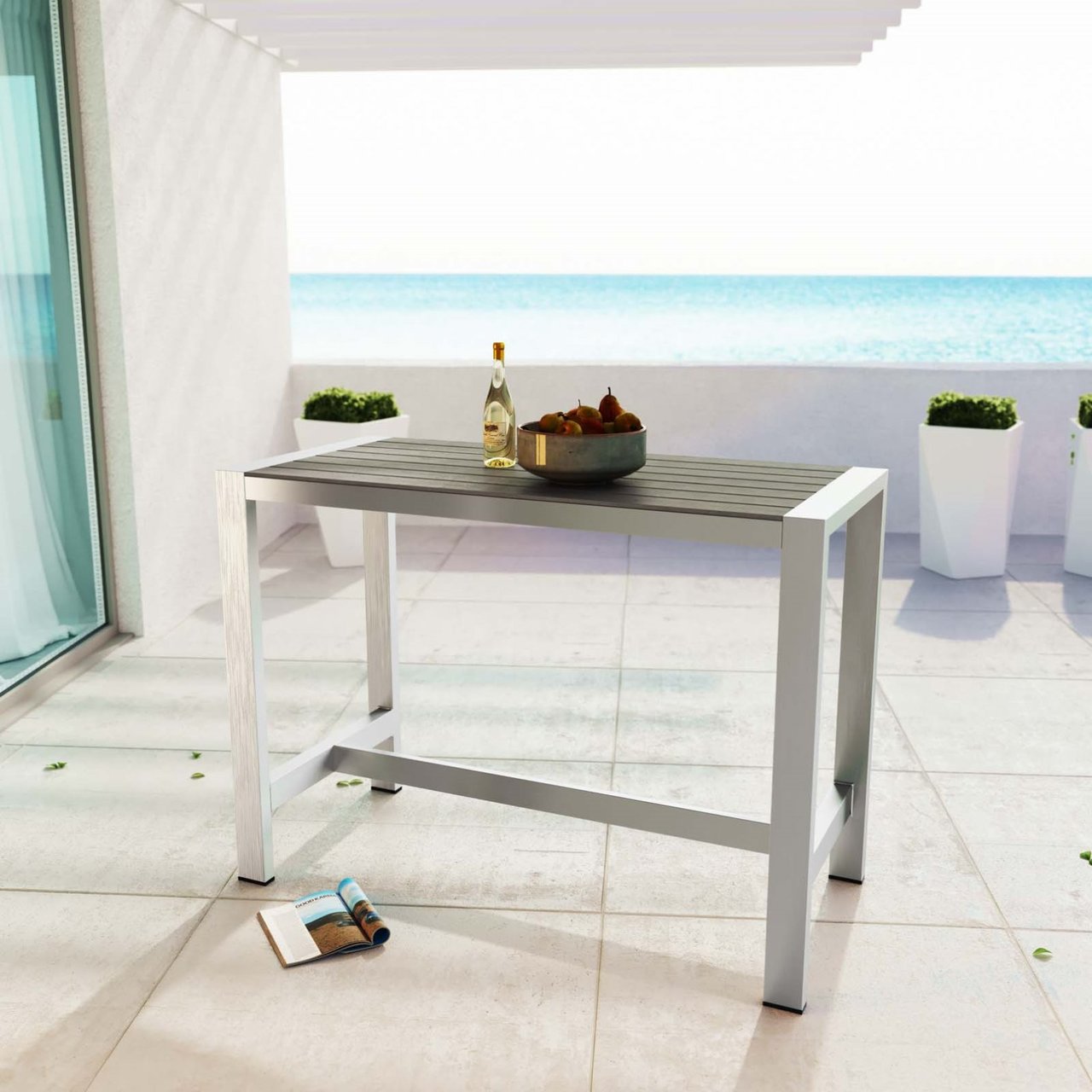 Shore Outdoor Patio Aluminum Rectangle Bar Table, Grey, Metal 10842