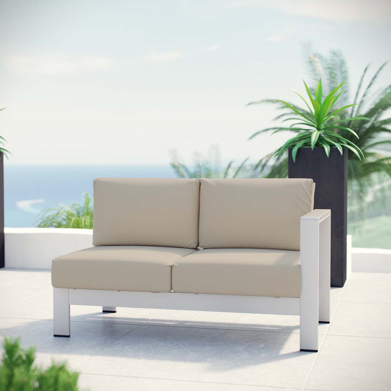 Shore Right-Arm Corner Sectional Outdoor Patio Aluminum Loveseat, Beige, Metal 10851