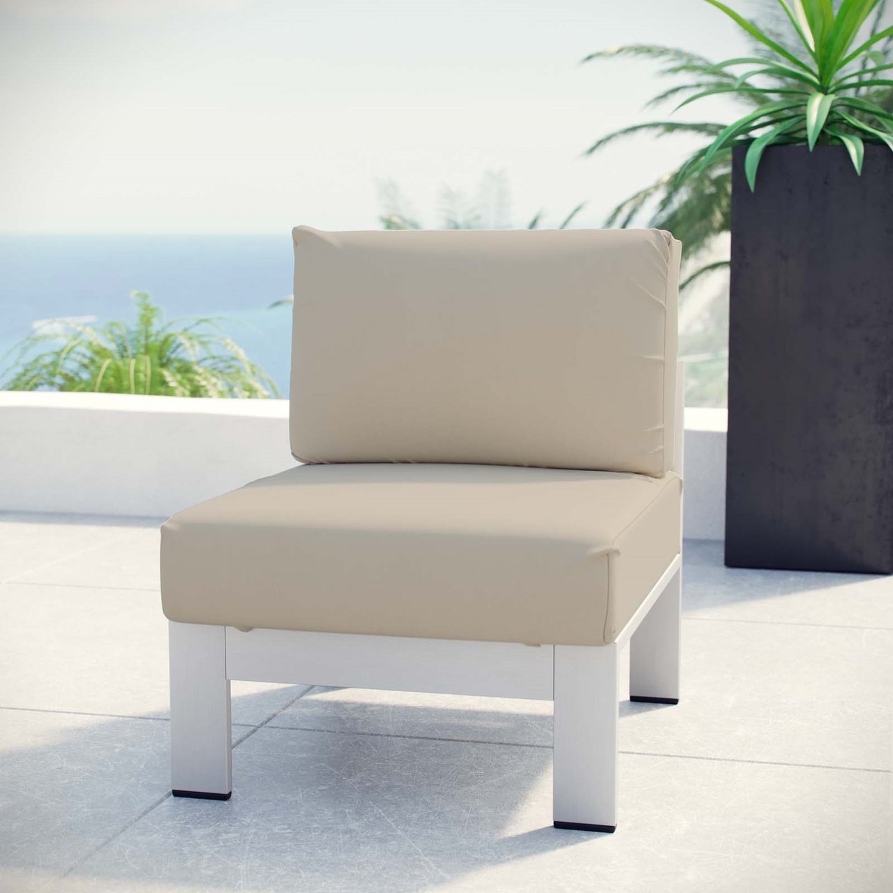 Shore Armless Outdoor Patio Aluminum Chair, Beige, Metal 10855