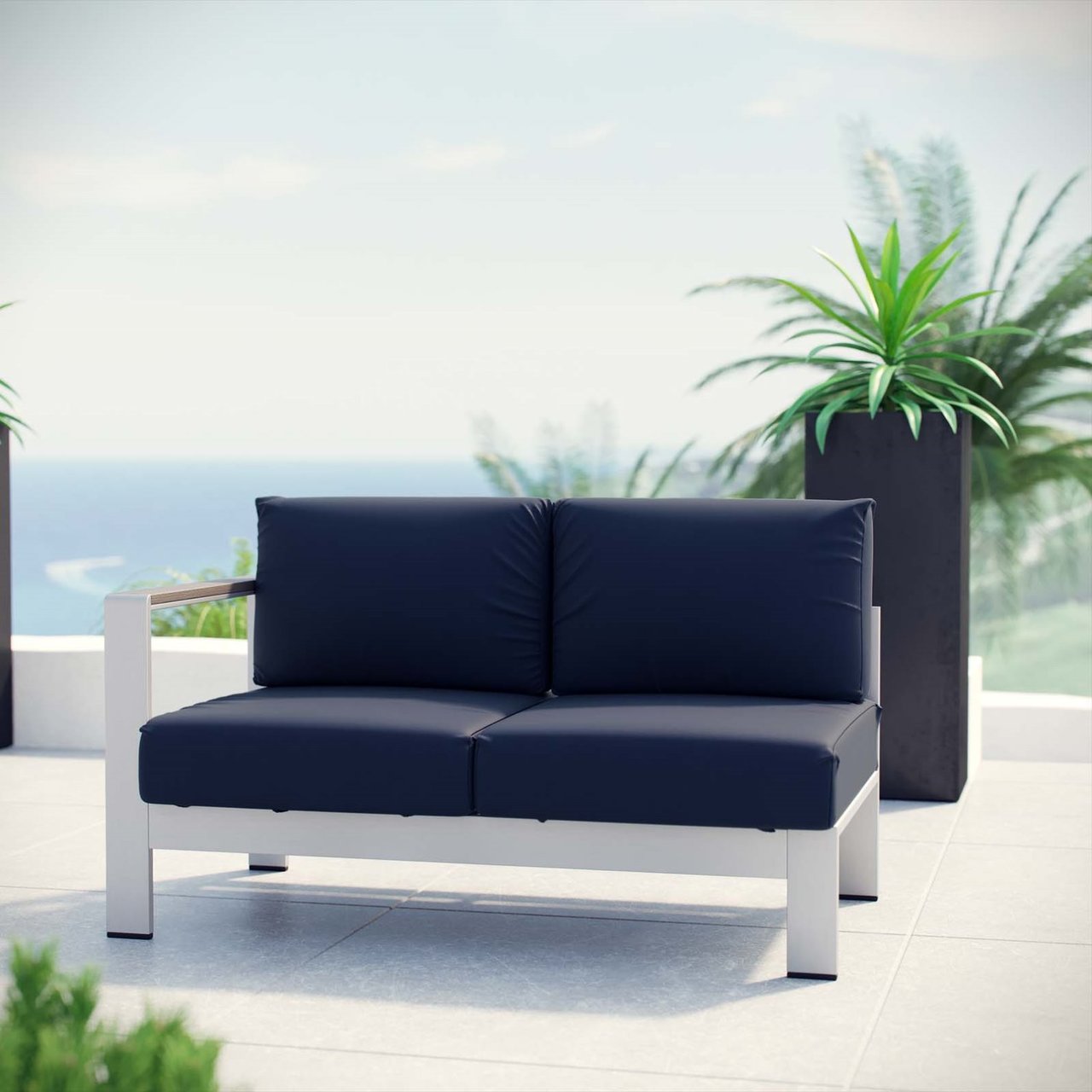 Shore Left-Arm Corner Sectional Outdoor Patio Aluminum Loveseat, Navy, Metal 10865