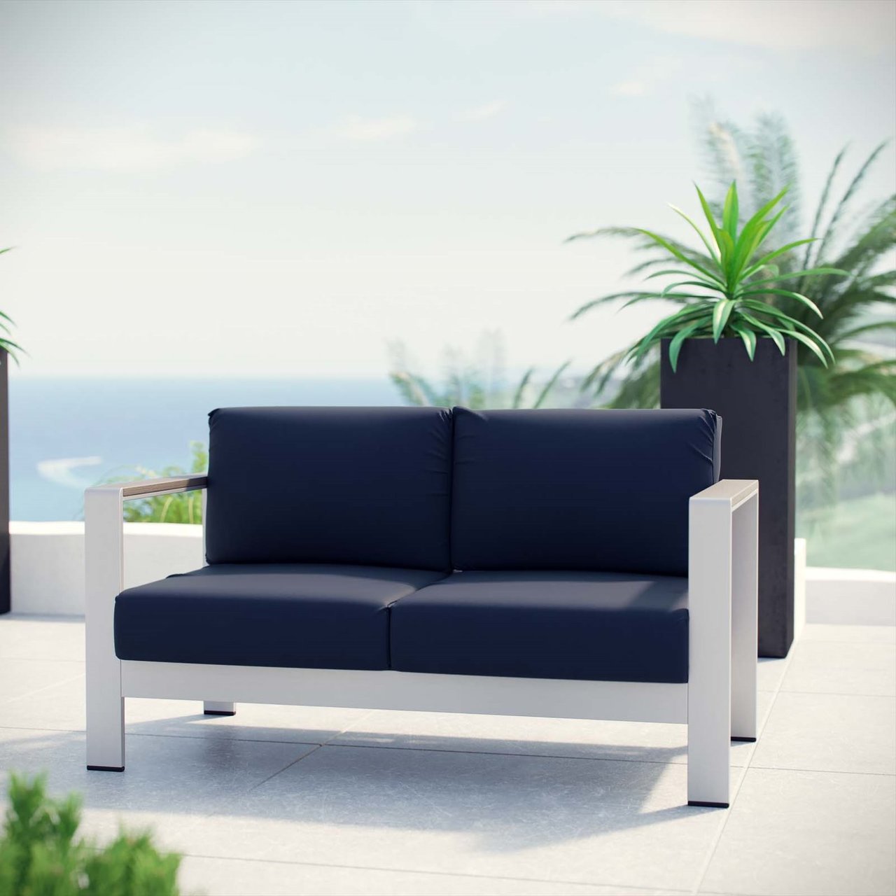 Shore Outdoor Patio Aluminum Loveseat, Navy, Metal 10873