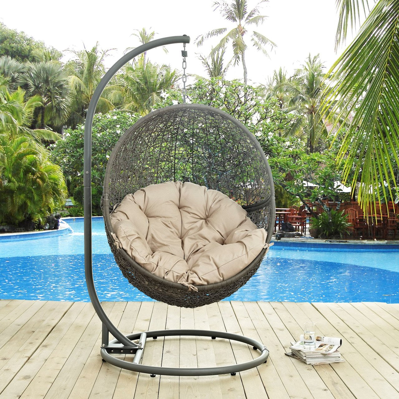 Hide Outdoor Patio Swing Chair With Stand, Beige, Rattan 10883