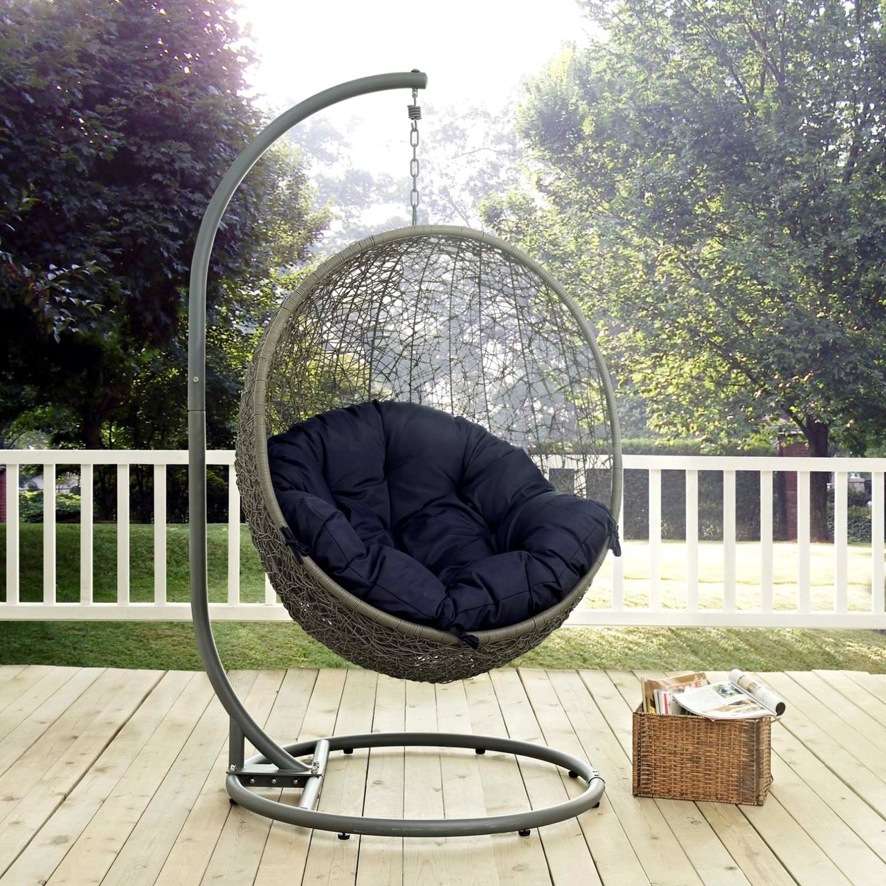 Hide Outdoor Patio Swing Chair With Stand, Navy, Rattan 10886