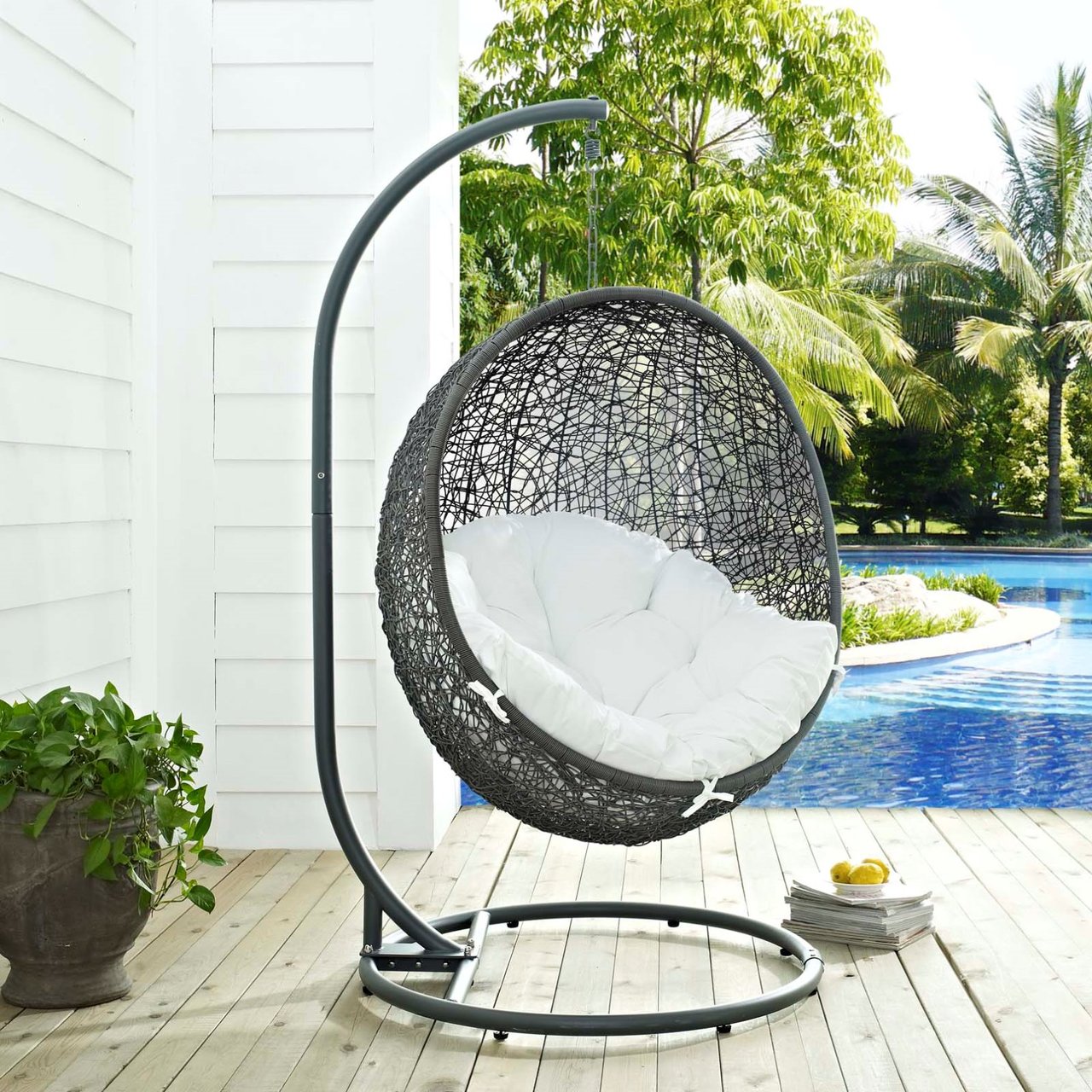 Hide Outdoor Patio Swing Chair With Stand, White, Rattan 10891