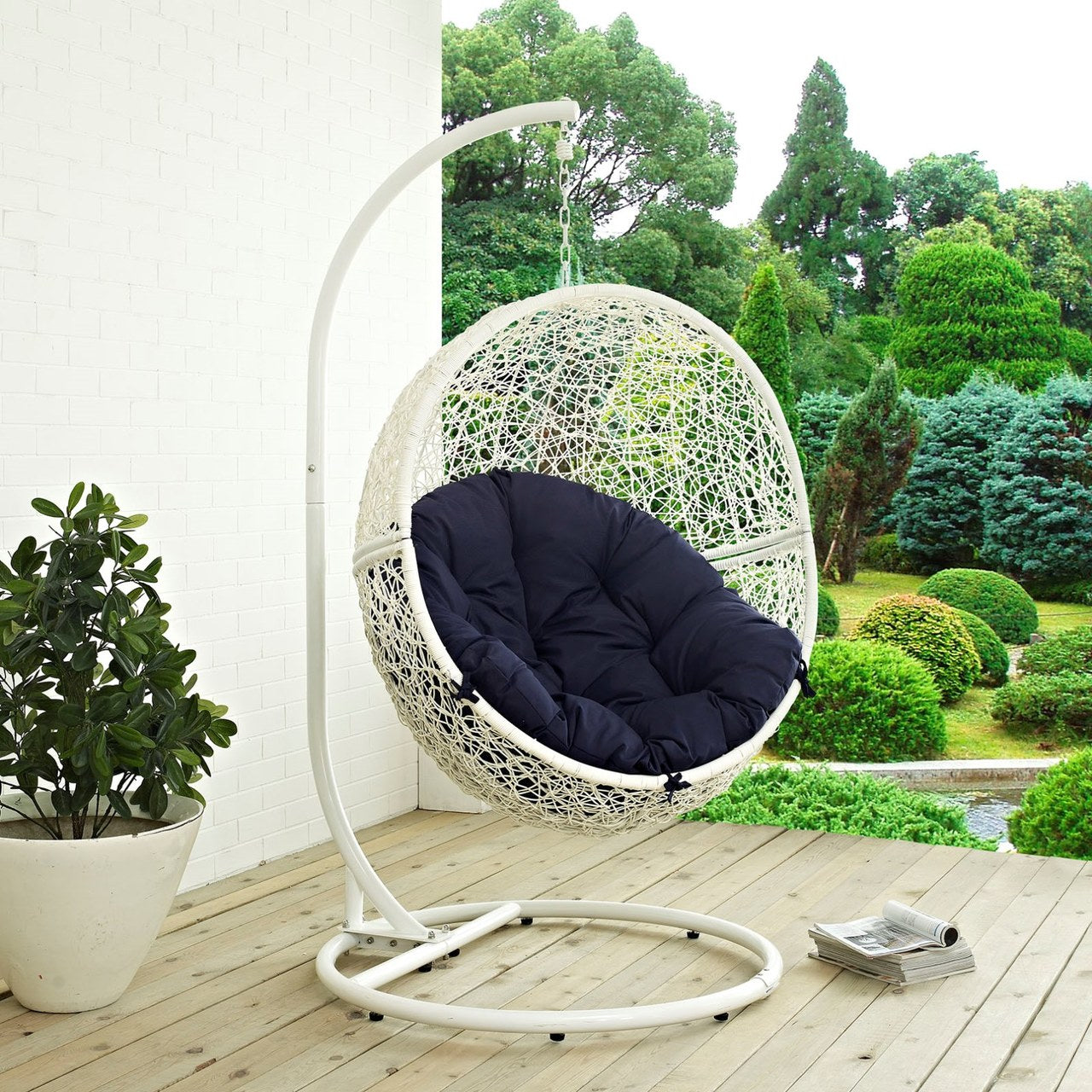 Hide Outdoor Patio Swing Chair With Stand, Navy, Rattan 10895