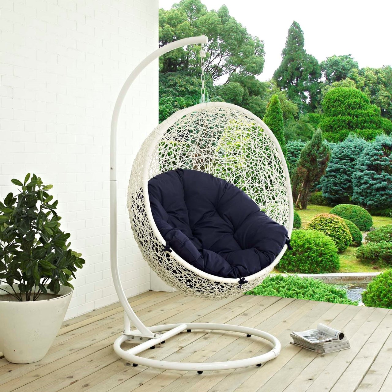 Hide Outdoor Patio Swing Chair With Stand, Navy, Rattan 10895