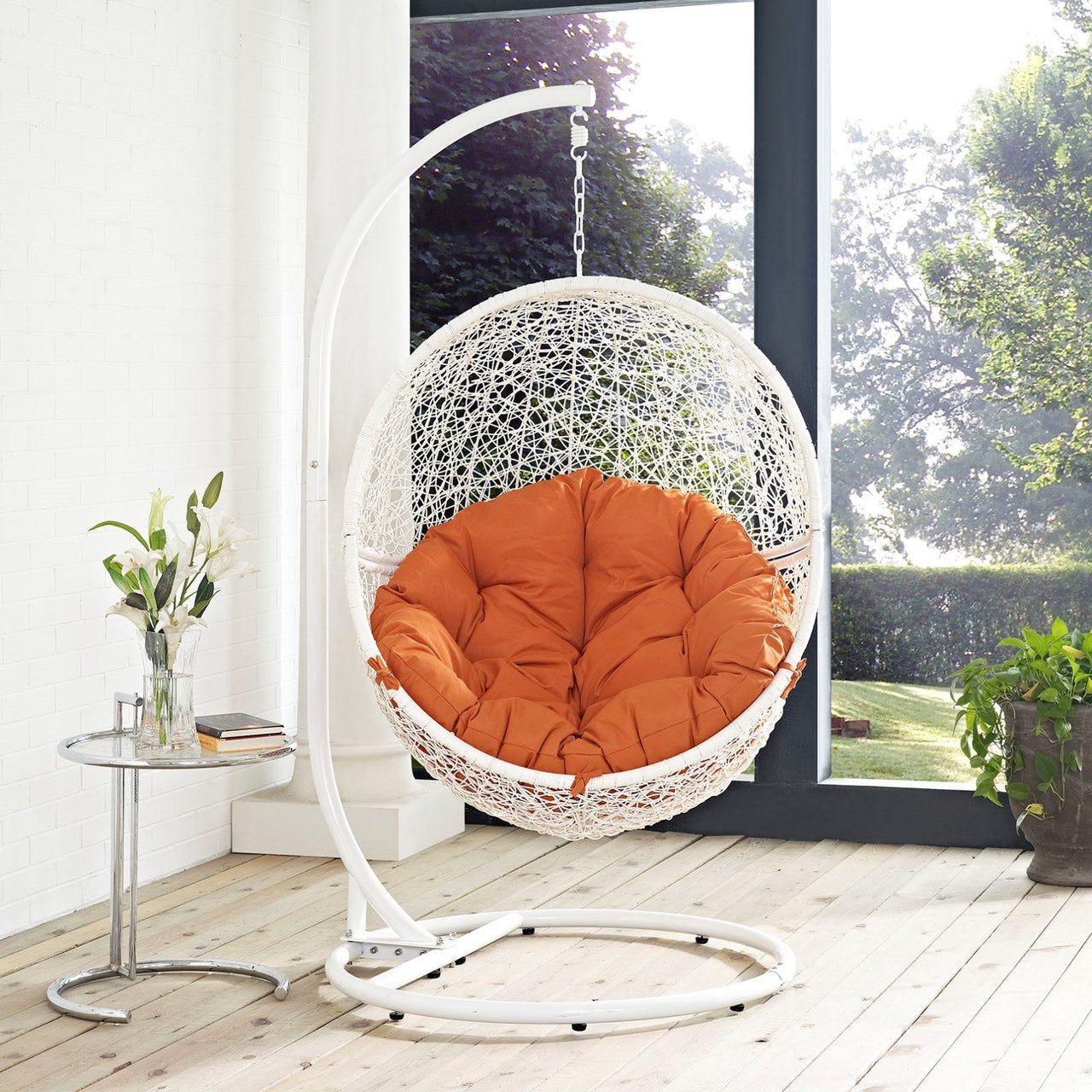 Hide Outdoor Patio Swing Chair With Stand, Orange, Rattan 10896