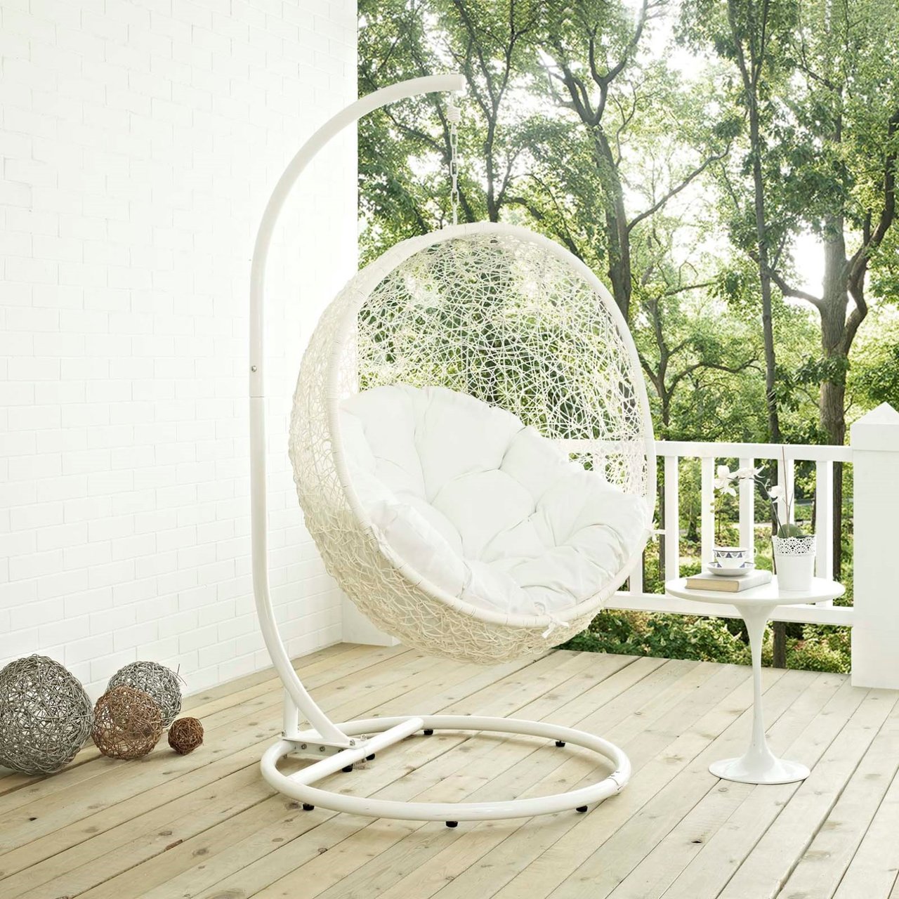 Hide Outdoor Patio Swing Chair With Stand, White, Rattan 10900