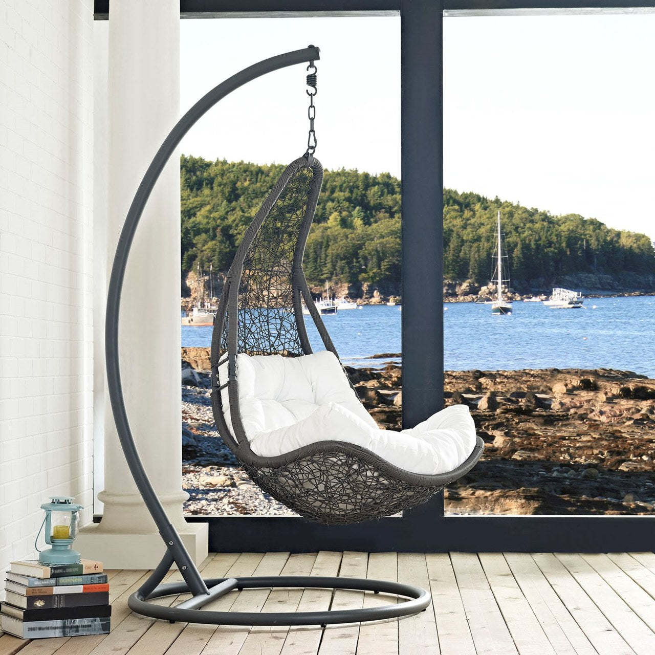 Abate Outdoor Patio Swing Chair With Stand, White, Rattan 10910