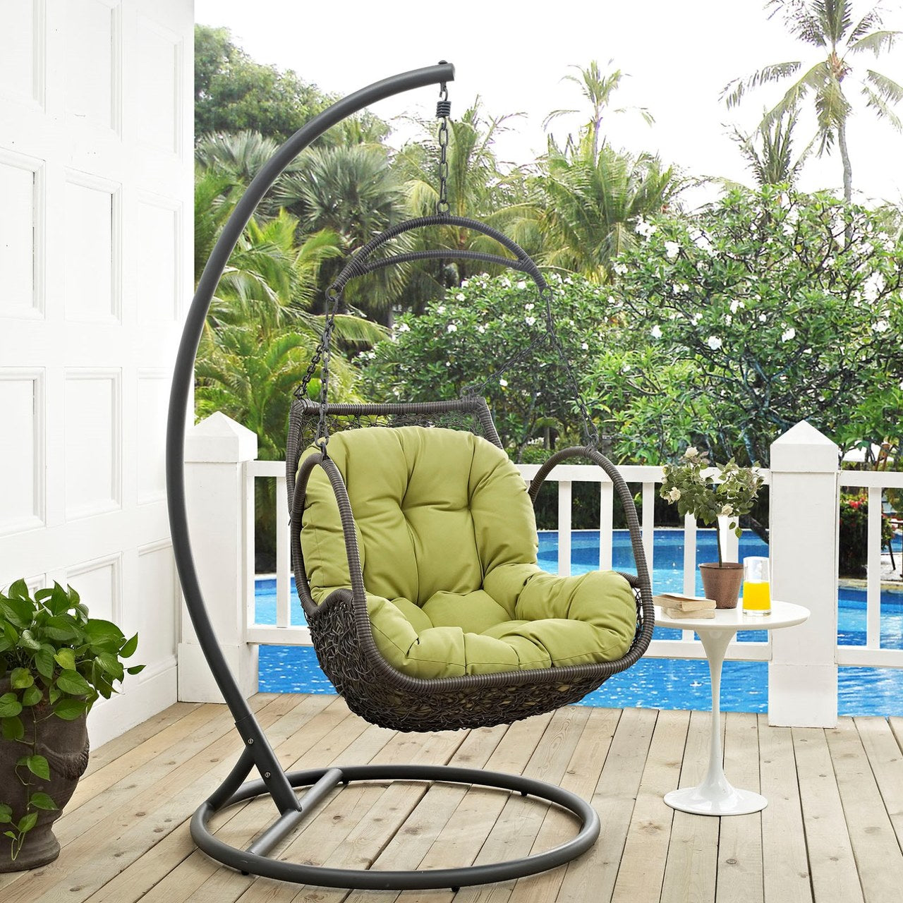 Arbor Outdoor Patio Wood Swing Chair, Green, Rattan 10914