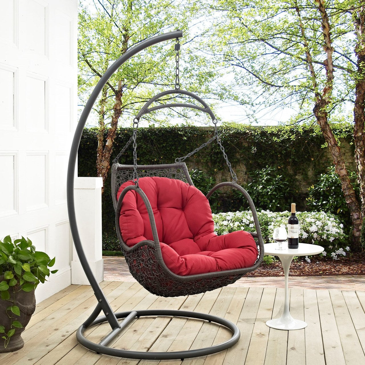 Arbor Outdoor Patio Wood Swing Chair, Red, Rattan 10915