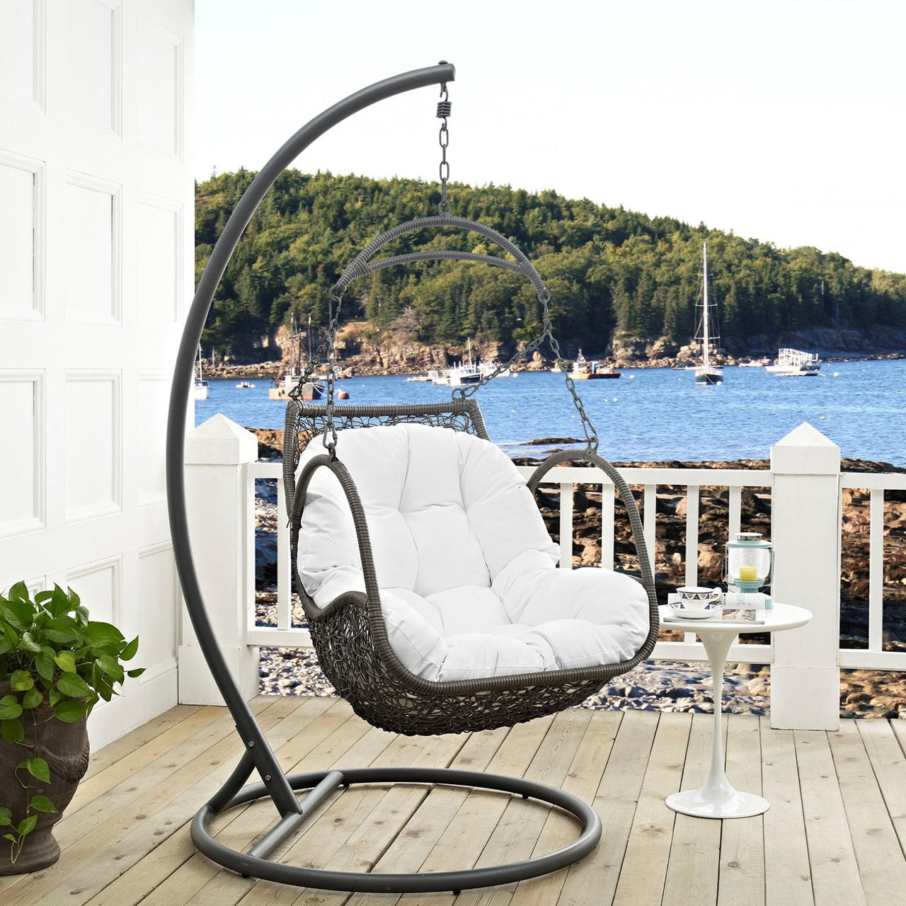 Arbor Outdoor Patio Wood Swing Chair, White, Rattan 10916