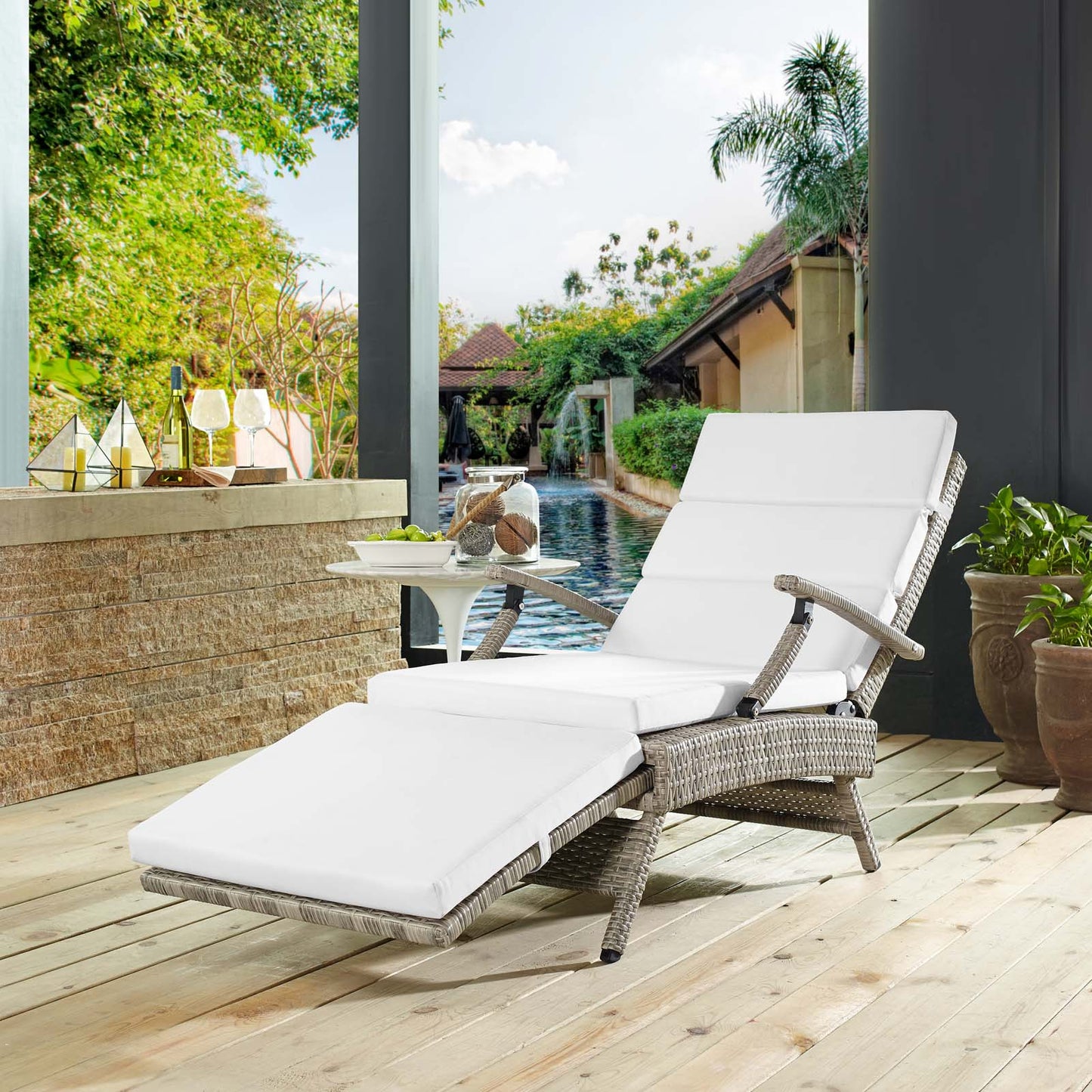 Envisage Chaise Outdoor Patio Wicker Rattan Lounge Chair, Fabric Rattan Wicker, White, 17252