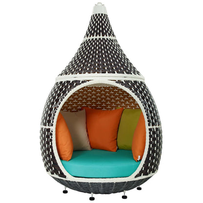 Palace Hanging Outdoor Patio Wicker Rattan Pod, Rattan Wicker, Blue Brown 15666