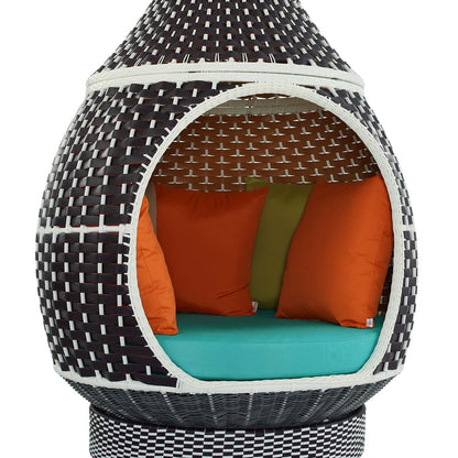 Palace Hanging Outdoor Patio Wicker Rattan Pod, Rattan Wicker, Blue Brown 15666