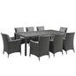 Sojourn 9 Piece Outdoor Patio Sunbrella® Dining Set, Sunbrella Rattan Wicker, Grey Gray 13516