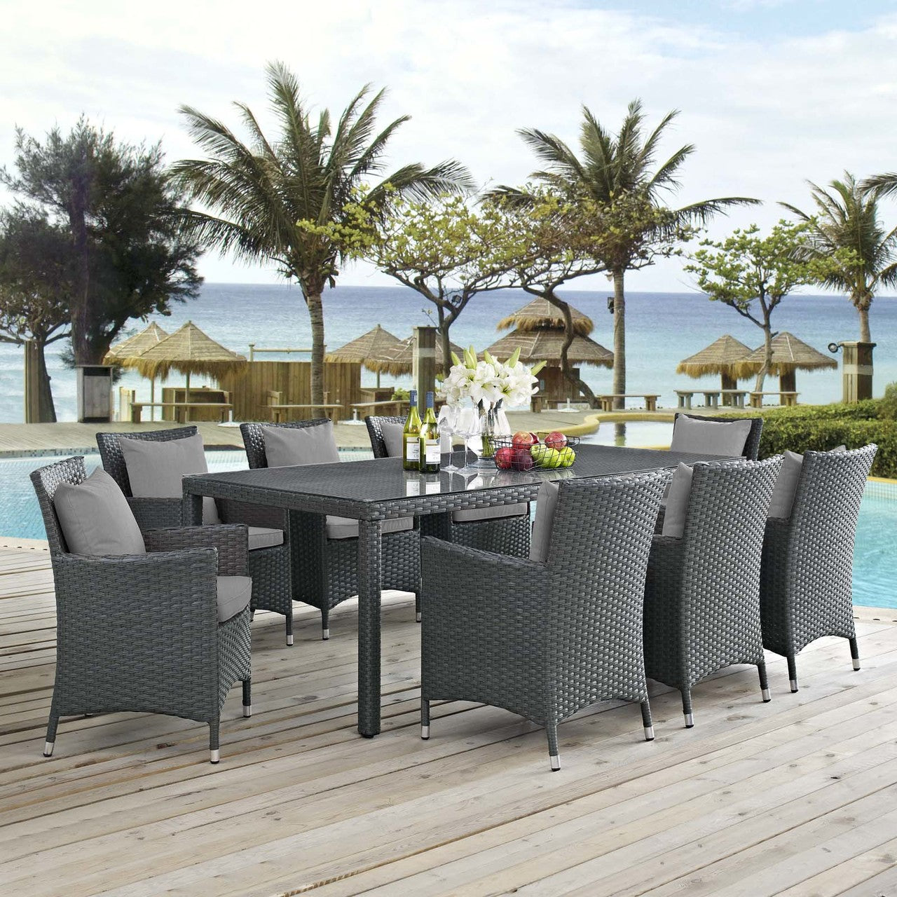 Sojourn 9 Piece Outdoor Patio Sunbrella® Dining Set, Sunbrella Rattan Wicker, Grey Gray 13516