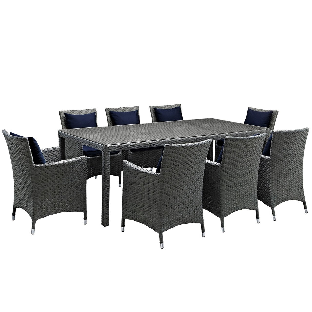 Sojourn Nine PCS Outdoor Patio Sunbrella Dining Set, Navy, Rattan 10958