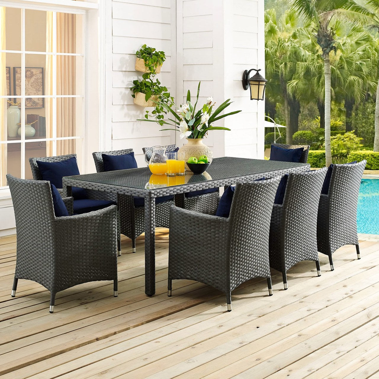 Sojourn Nine PCS Outdoor Patio Sunbrella Dining Set, Navy, Rattan 10958