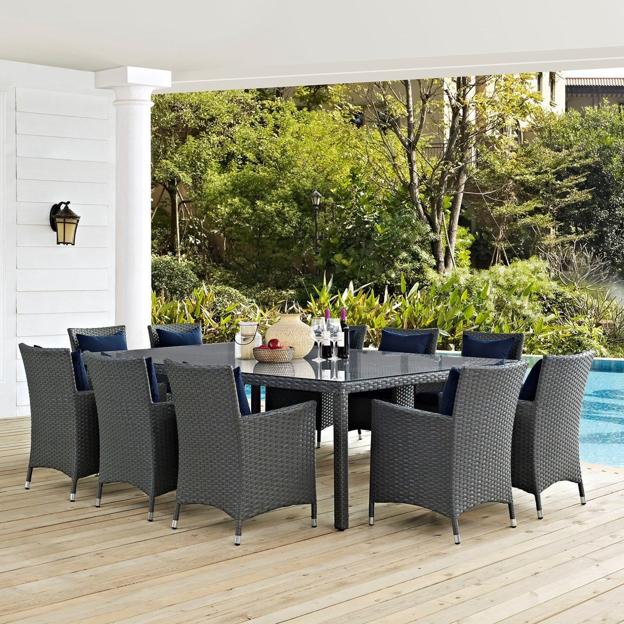 Sojourn Eleven PCS Outdoor Patio Sunbrella Dining Set, Navy, Rattan 10964
