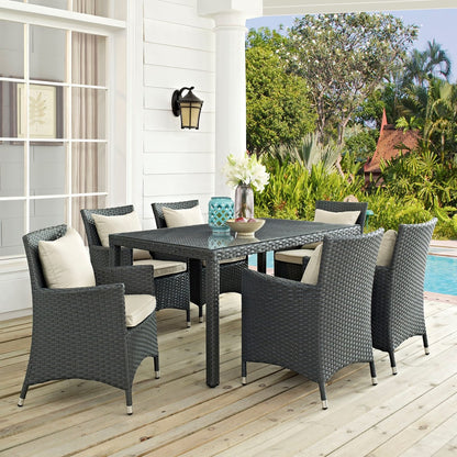 Sojourn Seven PCS Outdoor Patio Sunbrella Dining Set, Beige, Rattan 10966