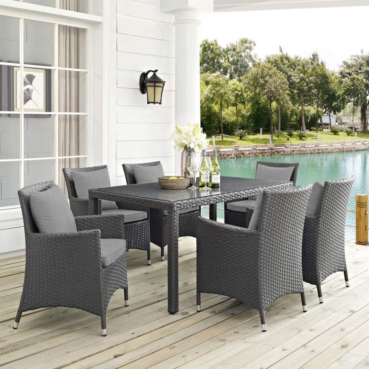 Sojourn 7 Piece Outdoor Patio Sunbrella® Dining Set, Sunbrella Rattan Wicker, Grey Gray 13522