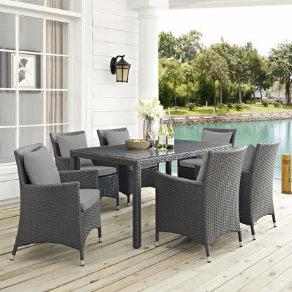 Sojourn 7 Piece Outdoor Patio Sunbrella® Dining Set, Sunbrella Rattan Wicker, Grey Gray 13522