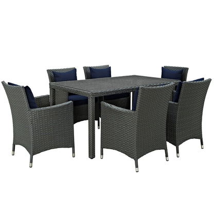 Sojourn Seven PCS Outdoor Patio Sunbrella Dining Set, Navy, Rattan 10967
