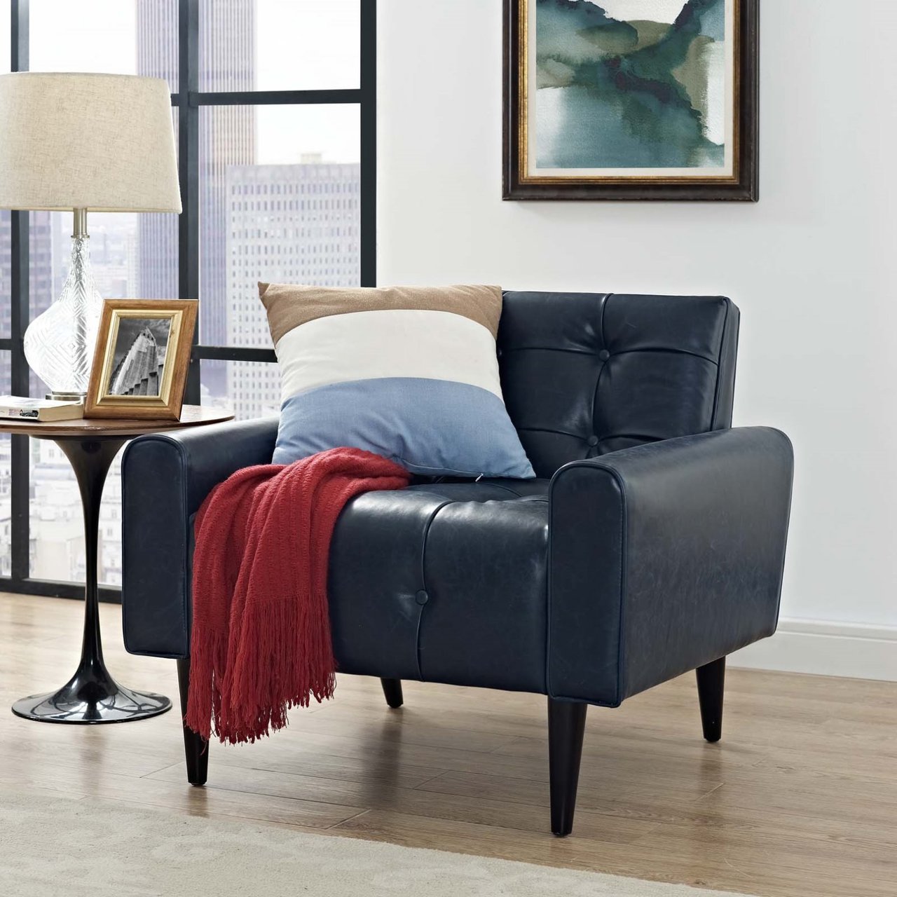 Delve Upholstered Vinyl Accent Chair, Blue, Faux Leather 11016