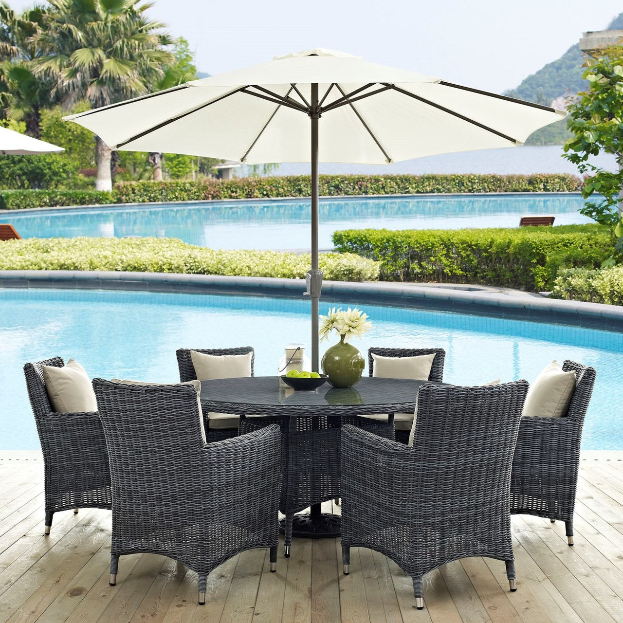 Summon Eight PCS Outdoor Patio Sunbrella Dining Set, Beige, Rattan 11021