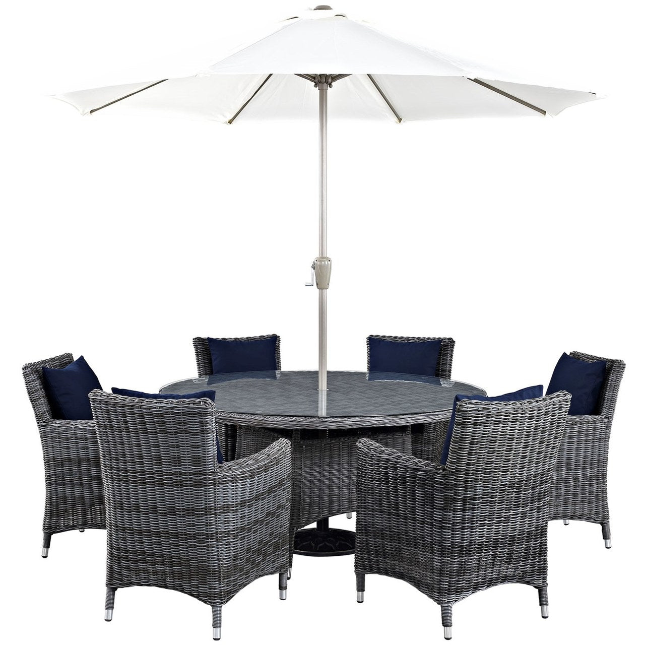 Summon Eight PCS Outdoor Patio Sunbrella Dining Set, Navy, Rattan 11022