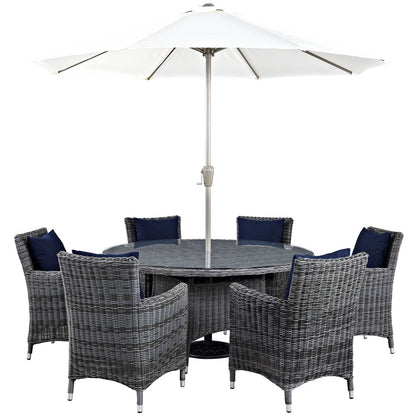 Summon Eight PCS Outdoor Patio Sunbrella Dining Set, Navy, Rattan 11022