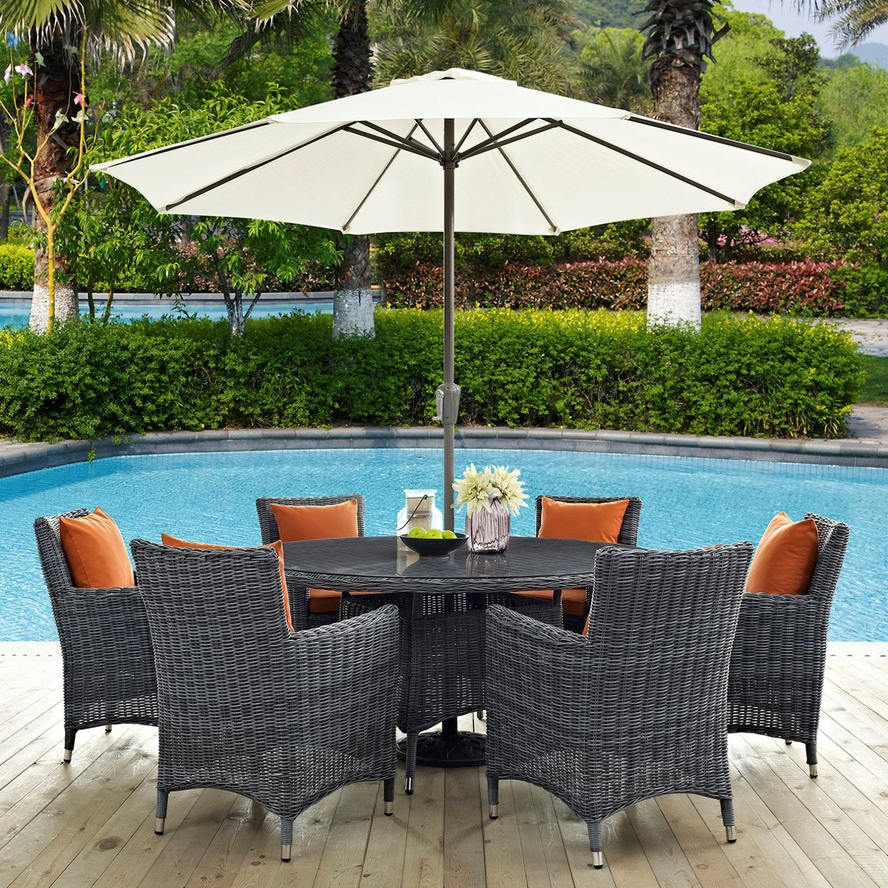 Summon Eight PCS Outdoor Patio Sunbrella Dining Set, Orange, Rattan 11023