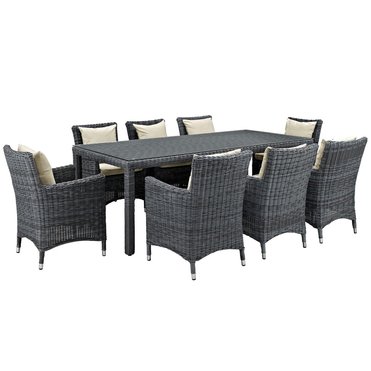 Summon Nine PCS Outdoor Patio Sunbrella Dining Set, Beige, Rattan 11027