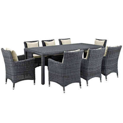 Summon Nine PCS Outdoor Patio Sunbrella Dining Set, Beige, Rattan 11027