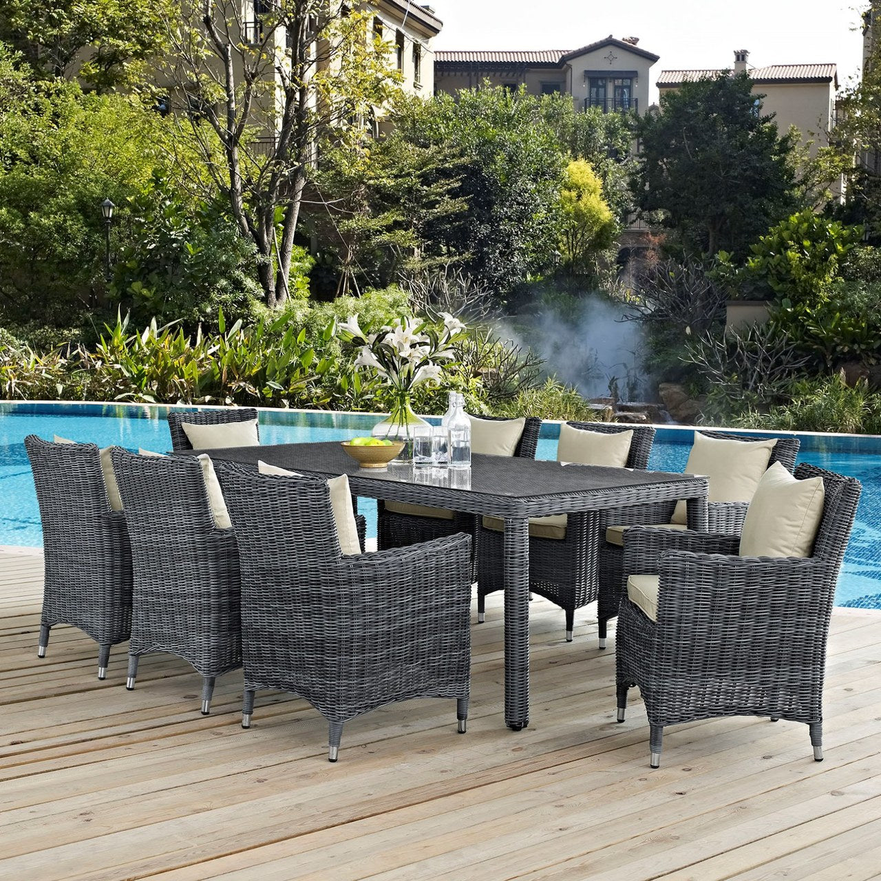 Summon Nine PCS Outdoor Patio Sunbrella Dining Set, Beige, Rattan 11027