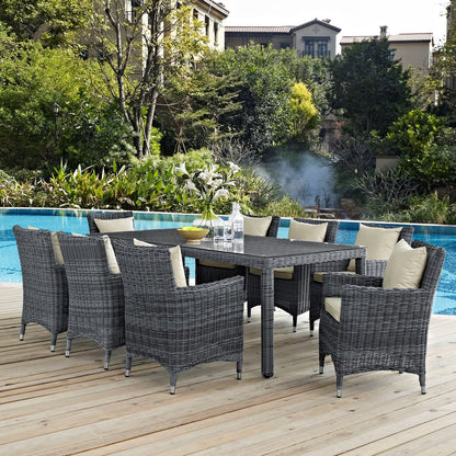 Summon Nine PCS Outdoor Patio Sunbrella Dining Set, Beige, Rattan 11027