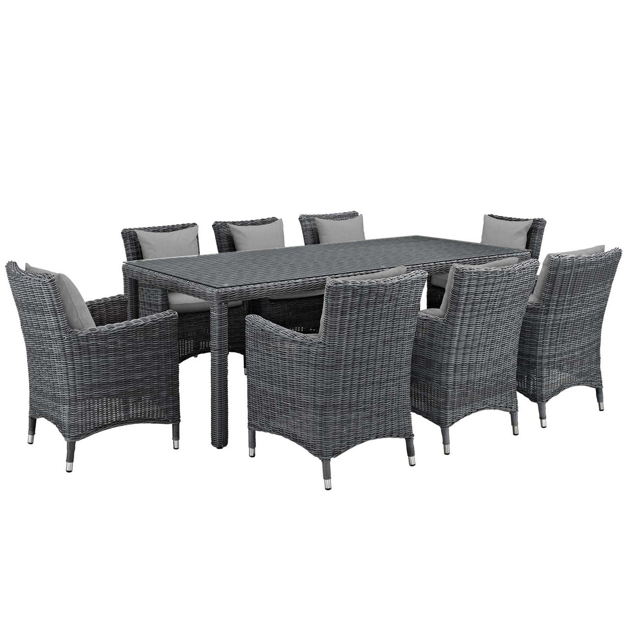 Summon 9 Piece Outdoor Patio Sunbrella® Dining Set, Sunbrella Rattan Wicker, Grey Gray 13536