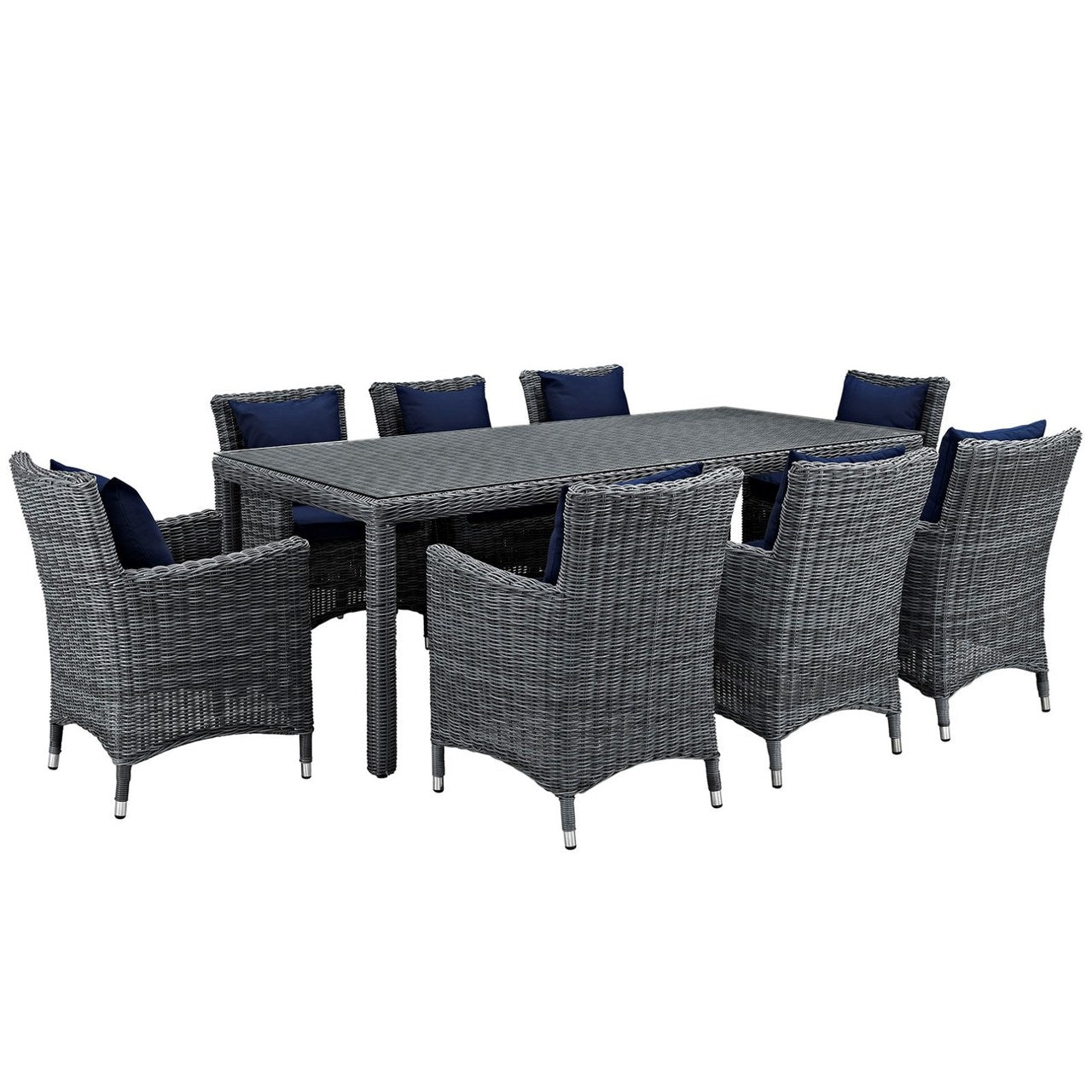Summon Nine PCS Outdoor Patio Sunbrella Dining Set, Navy, Rattan 11028