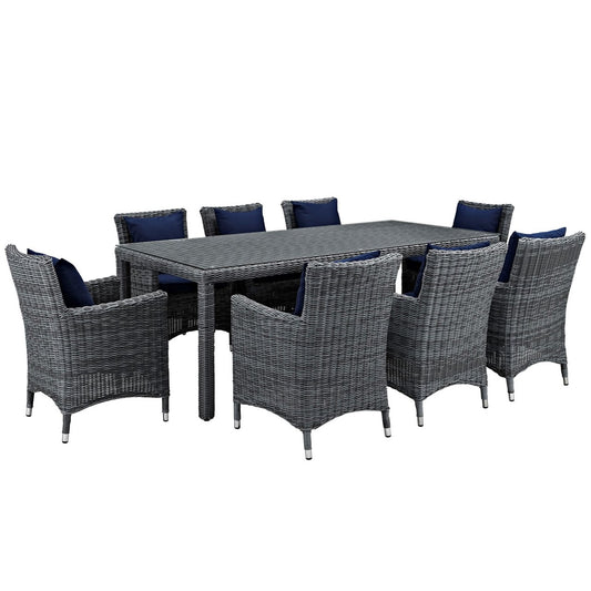 Summon Nine PCS Outdoor Patio Sunbrella Dining Set, Navy, Rattan 11028