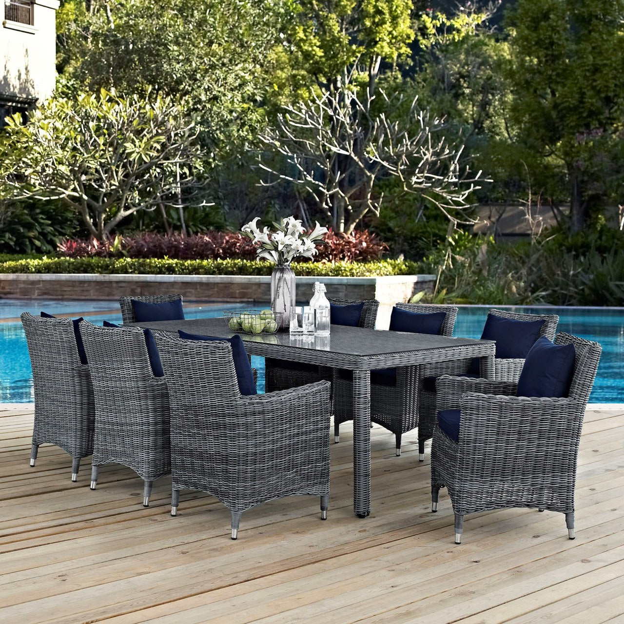 Summon Nine PCS Outdoor Patio Sunbrella Dining Set, Navy, Rattan 11028