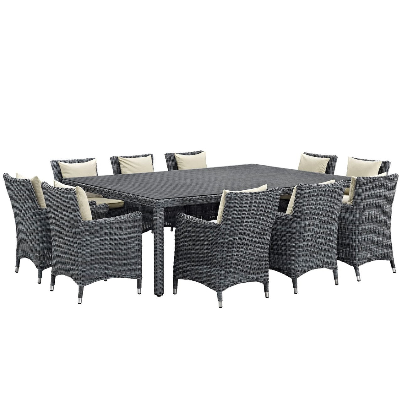 Summon Eleven PCS Outdoor Patio Sunbrella Dining Set, Beige, Rattan 11033