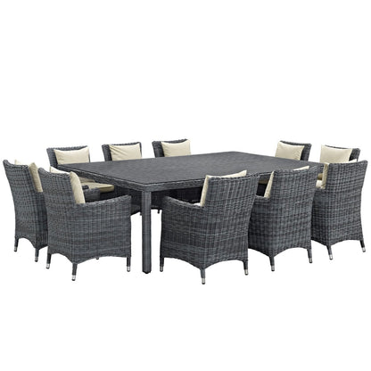 Summon Eleven PCS Outdoor Patio Sunbrella Dining Set, Beige, Rattan 11033