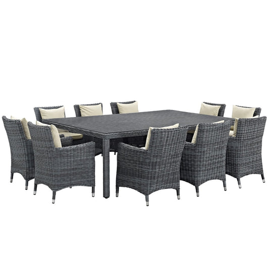 Summon Eleven PCS Outdoor Patio Sunbrella Dining Set, Beige, Rattan 11033