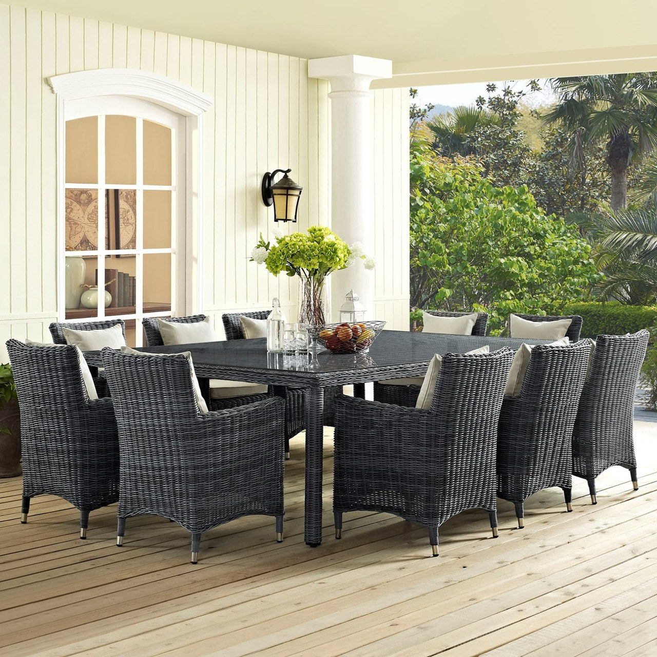 Summon Eleven PCS Outdoor Patio Sunbrella Dining Set, Beige, Rattan 11033