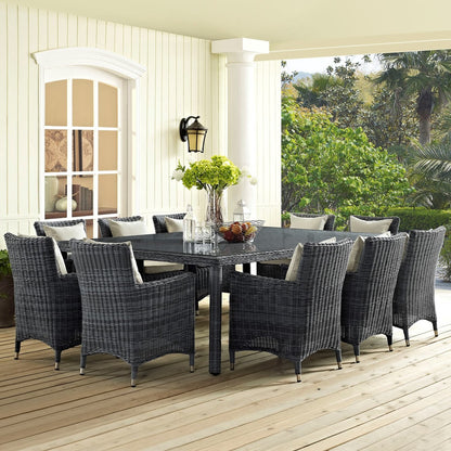 Summon Eleven PCS Outdoor Patio Sunbrella Dining Set, Beige, Rattan 11033