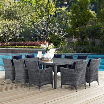 Summon Eleven PCS Outdoor Patio Sunbrella Dining Set, Navy, Rattan 11034