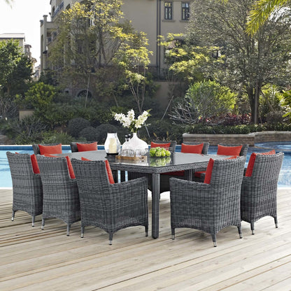 Summon 11 Piece Outdoor Patio Sunbrella® Dining Set, Sunbrella Rattan Wicker, Red 13541