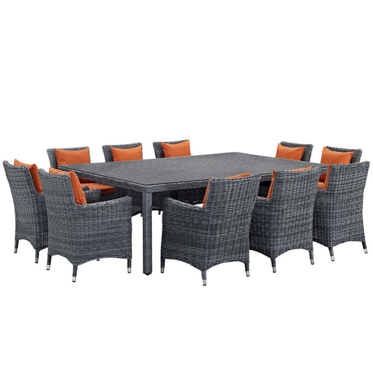 Summon Eleven PCS Outdoor Patio Sunbrella Dining Set, Orange, Rattan 11035